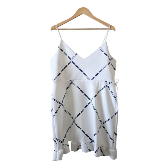 ASOS Women's Spaghetti Strap Wrap Mini Dress • Ruffle Hem • White & Blue • 14 XL - Picture 5 of 8